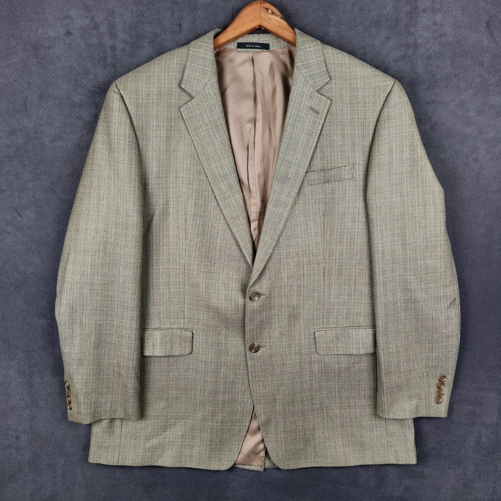 Chaps Blazer Mens 46L Tan Silk Wool Sport Coat Plaid Checked‎ Jacket Two Button